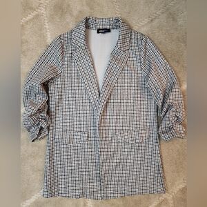 Women's Monochrome Plaid M Polyester Blazer Black White Biege Gathered Sleeve